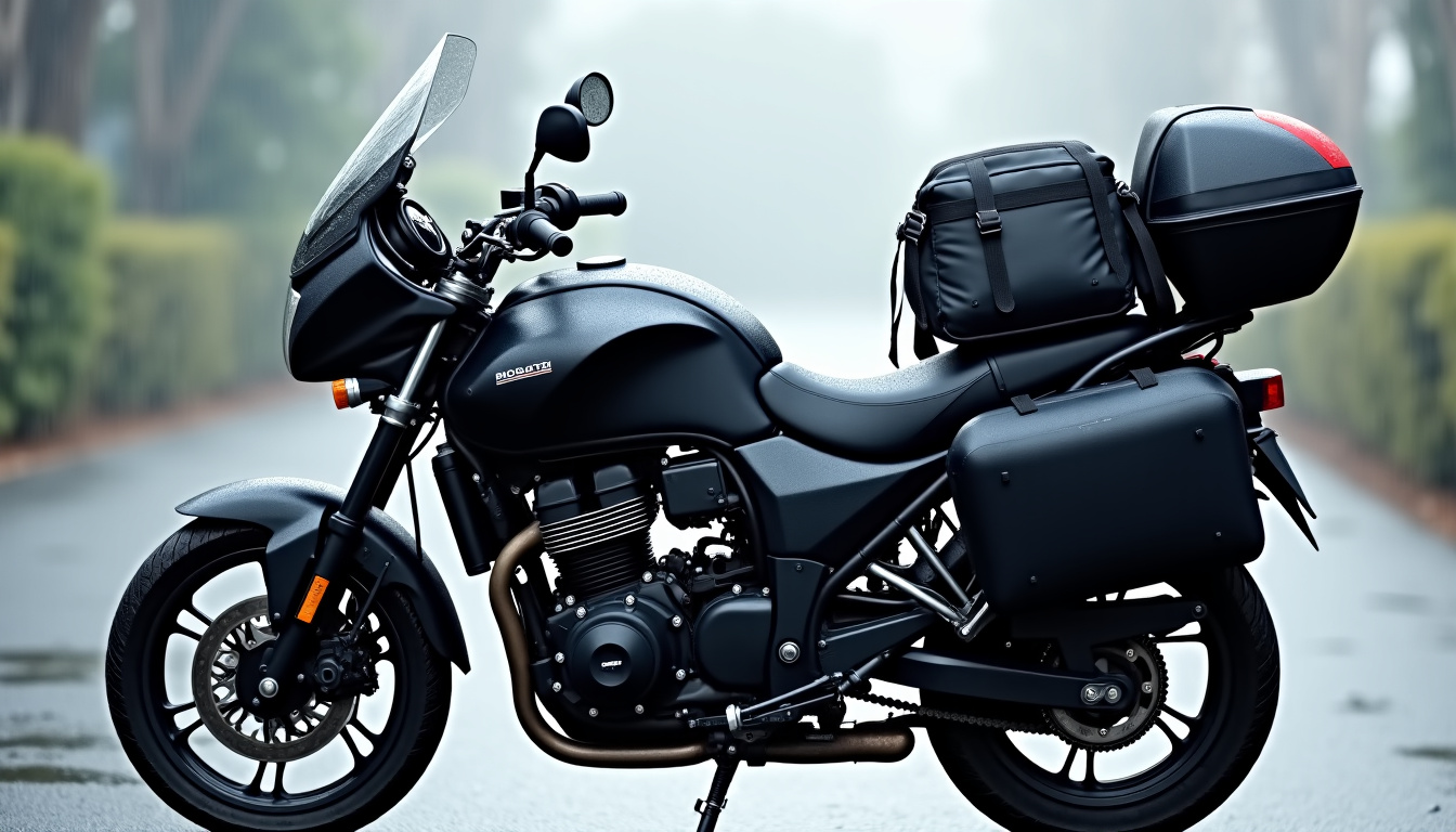 Différents types de sacs moto étanches: sac à dos, polochon, sacoche de réservoir et sacoches cavalières posés sur une moto