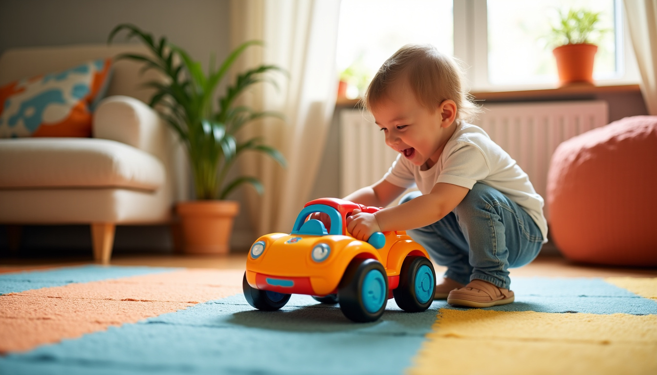 Enfant de 3 ans jouant avec une voiture télécommandée dans un salon sur un tapis