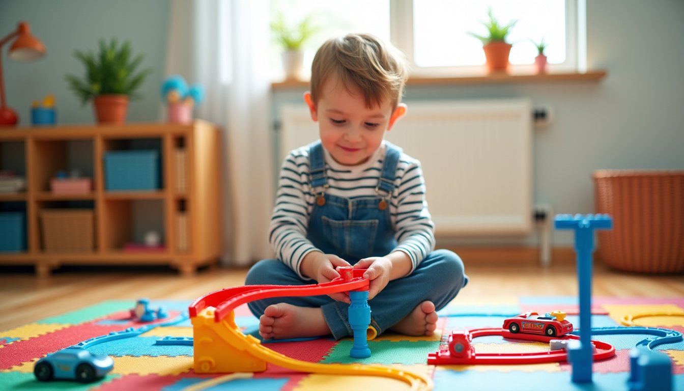Enfant jouant avec un circuit de voiture en plastique modulaire sur un tapis de jeu