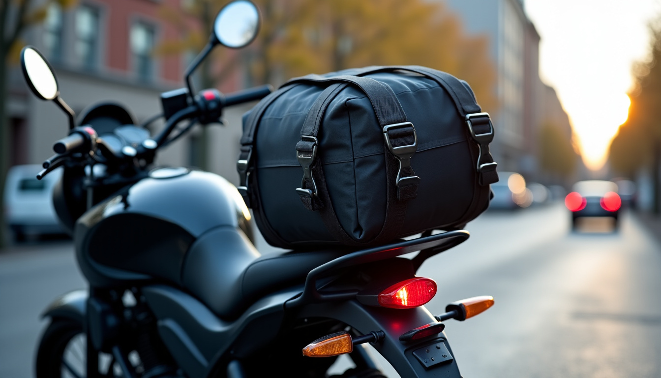 Installation d’un sac moto étanche sur un porte-bagages à l’aide de sangles élastiques et crochets métalliques