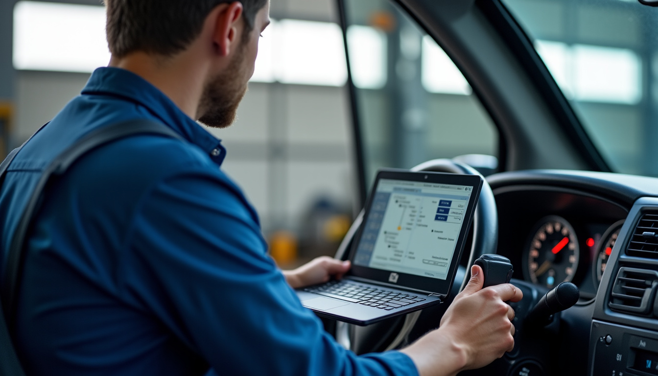 Mécanicien utilisant une valise de diagnostic sur un véhicule diesel