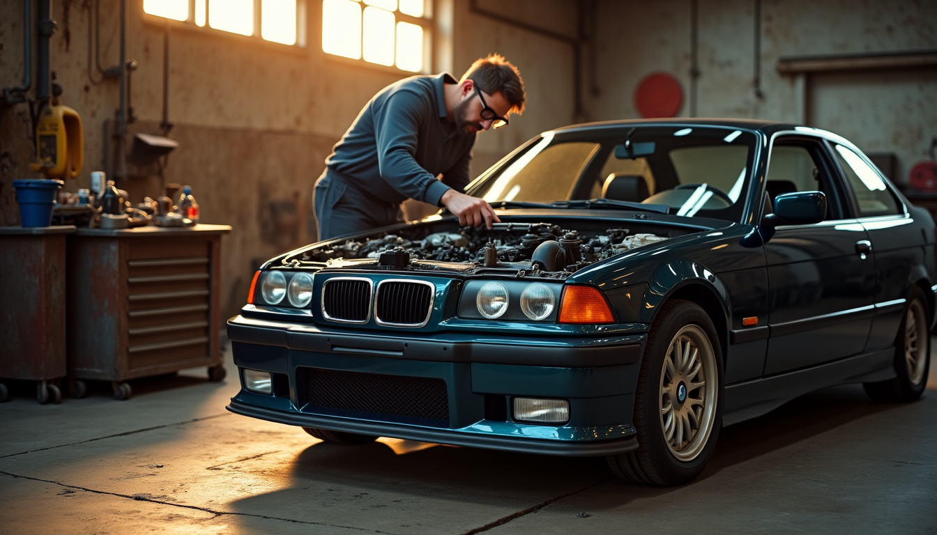 Moteur BMW M50 en cours de montage dans une BMW Série 3 E36