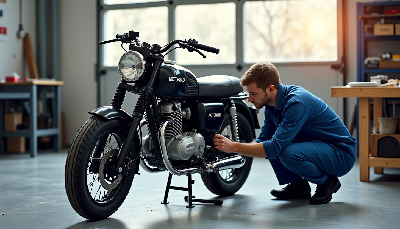 Moto Mash Motorrad 125 en cours de maintenance dans un atelier mécanique