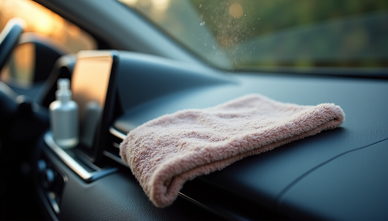 Nettoyage du tableau de bord avec une microfibre et un produit en spray