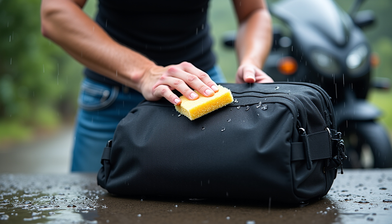 Nettoyage d’un sac moto étanche à l’aide d’une éponge douce et d’eau savonneuse tiède