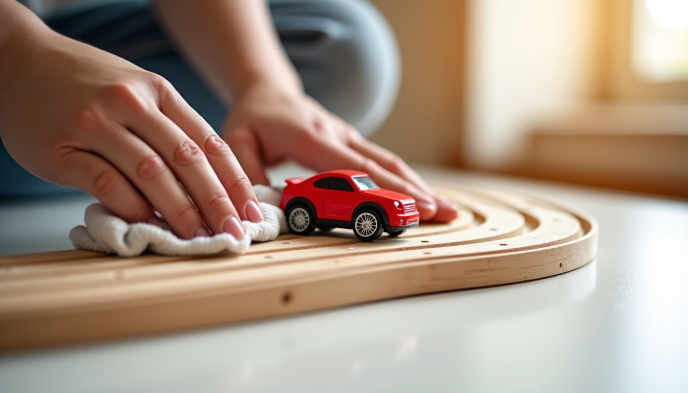 Parent nettoyant délicatement un circuit en bois avec un chiffon humide