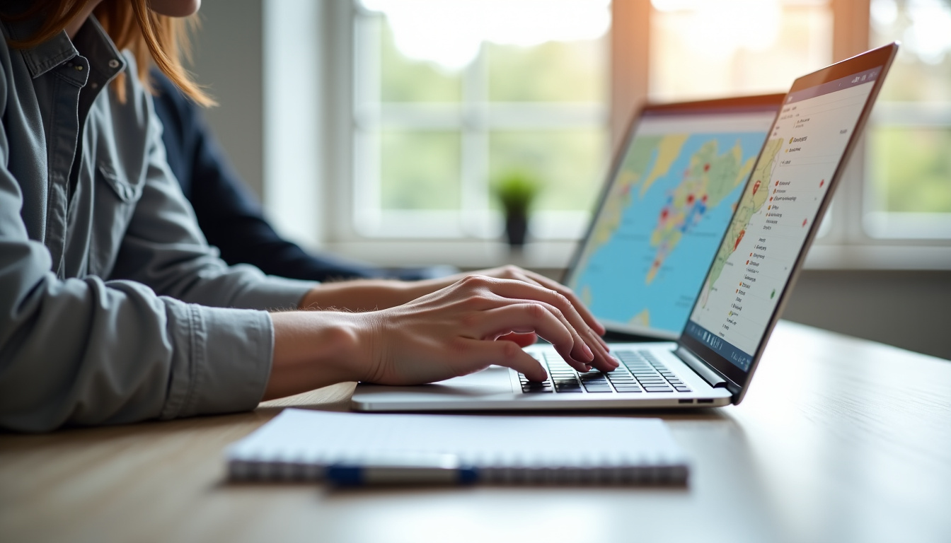 Personne planifiant une réservation Turo sur son ordinateur, avec calendrier et carte des lieux de retrait