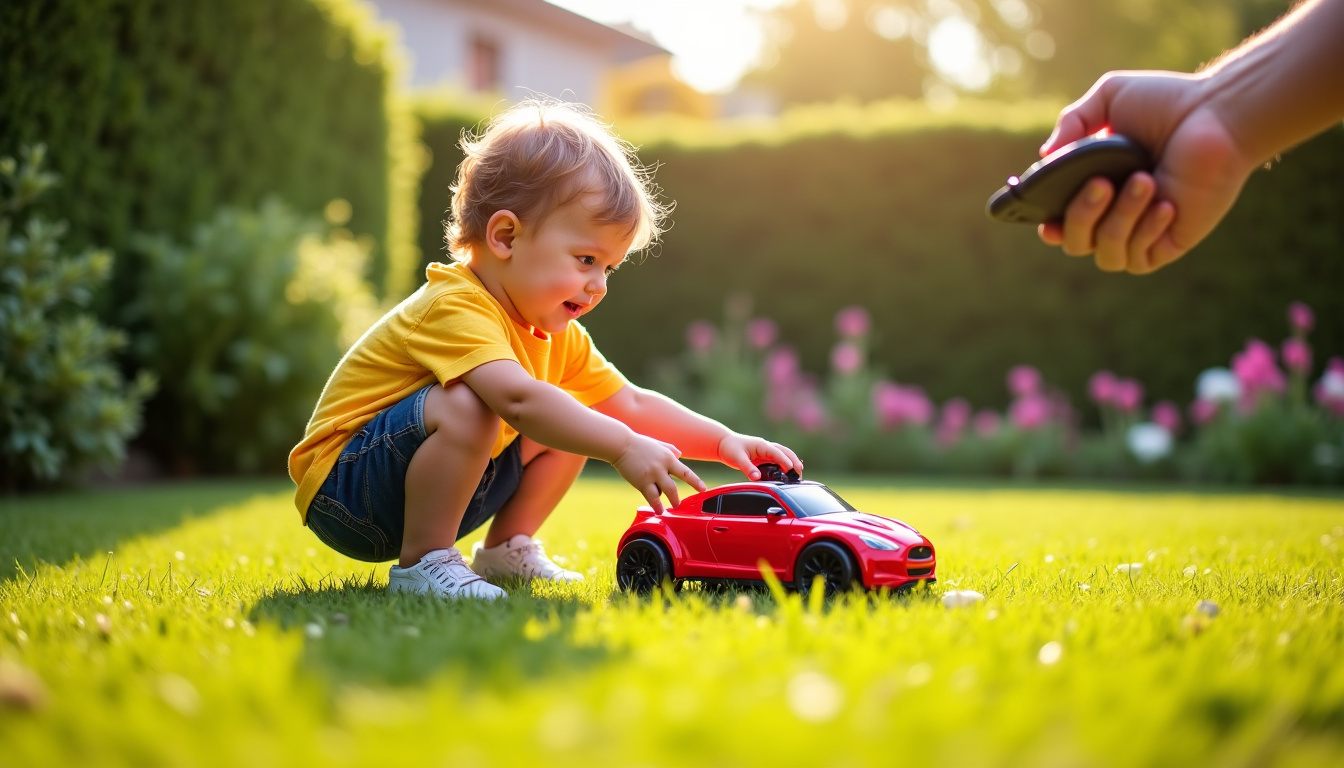 Petit enfant de 3 ans jouant avec une voiture télécommandée dans un jardin entouré d