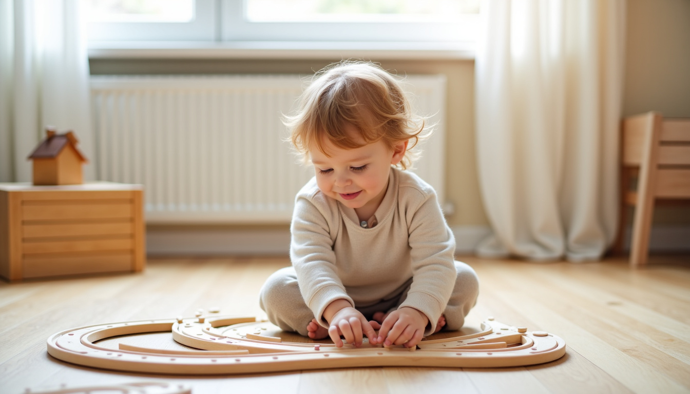 Petit enfant manipulant des rails en bois d