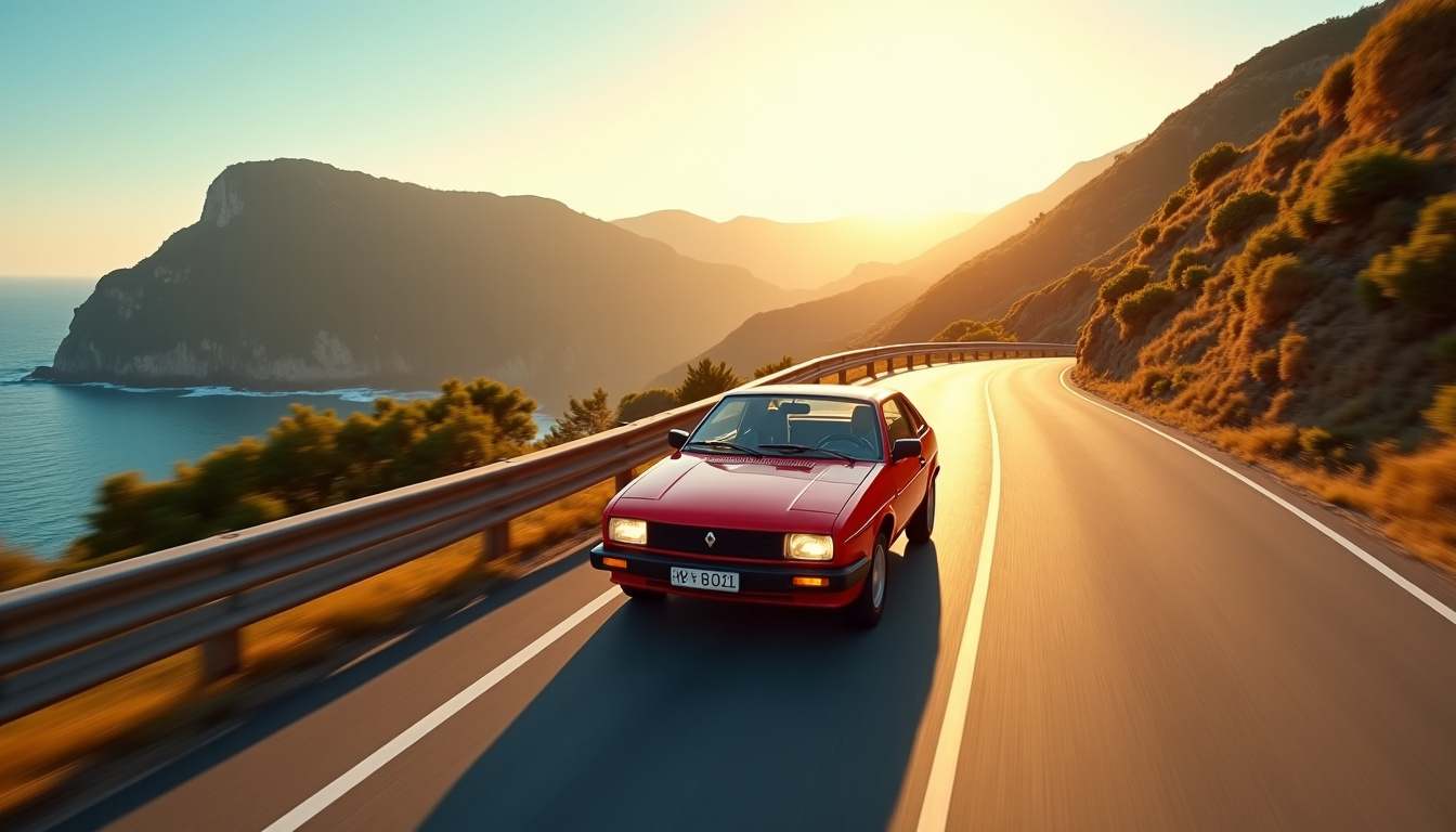 Renault Fuego en train de rouler sur une route sinueuse bordée d