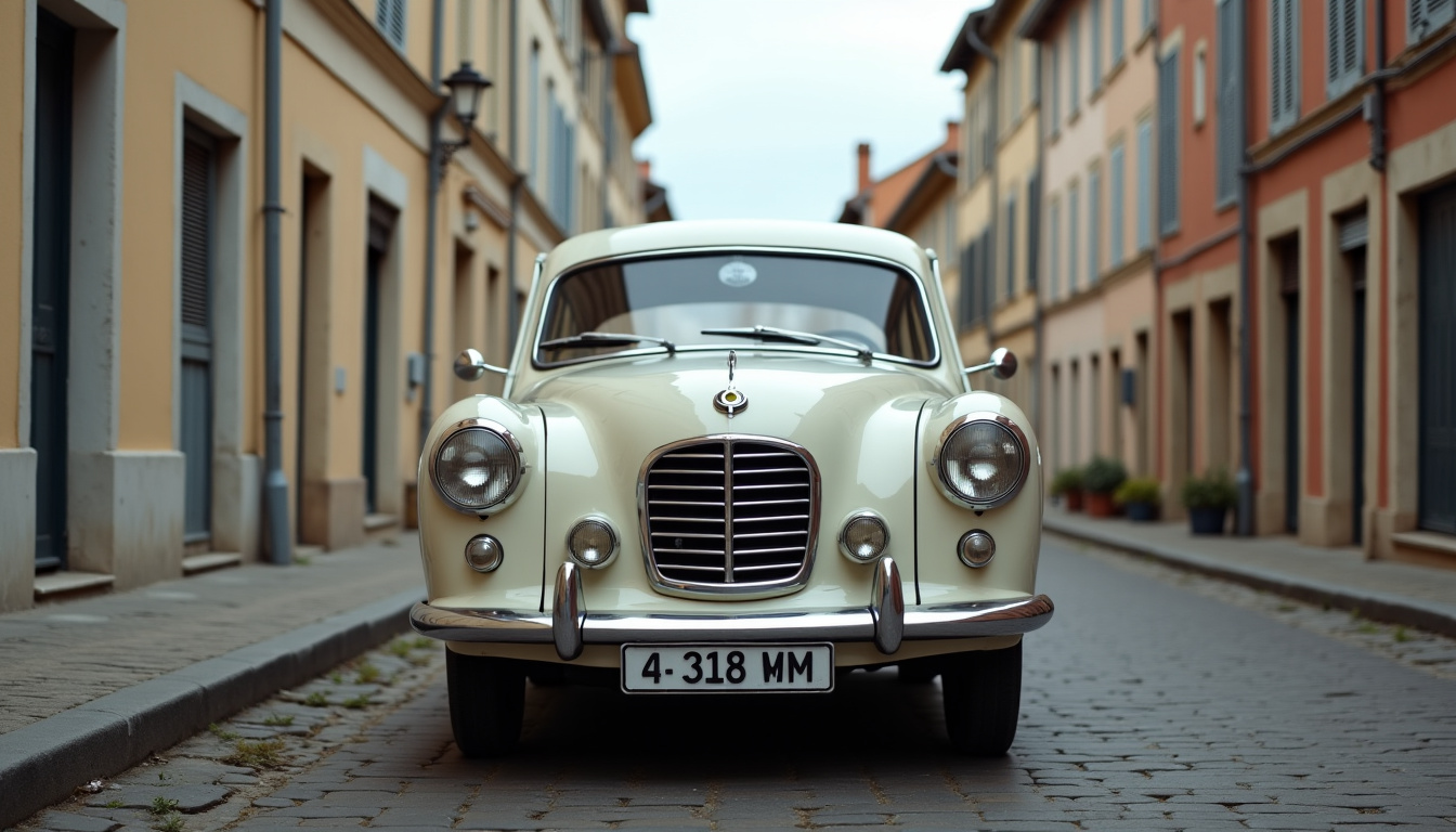 Simca Ariane des premières années de production, vue de face dans un cadre urbain d’époque