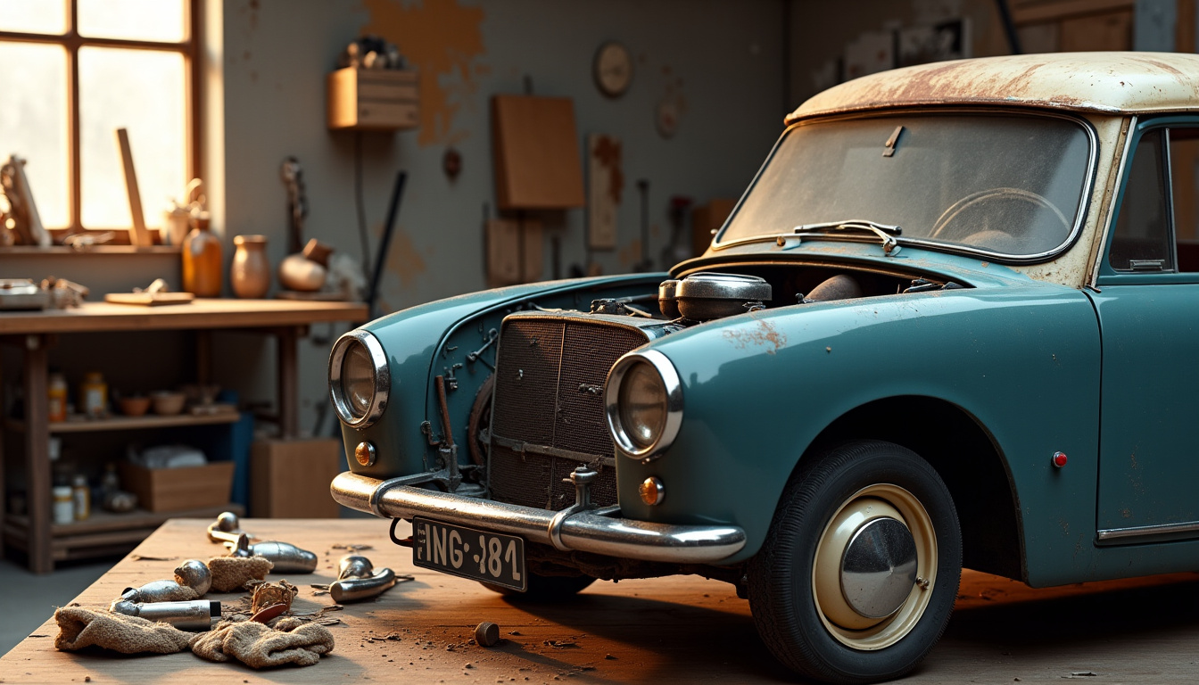 Simca Ariane en cours de restauration, avec des pièces détachées visibles sur un établi