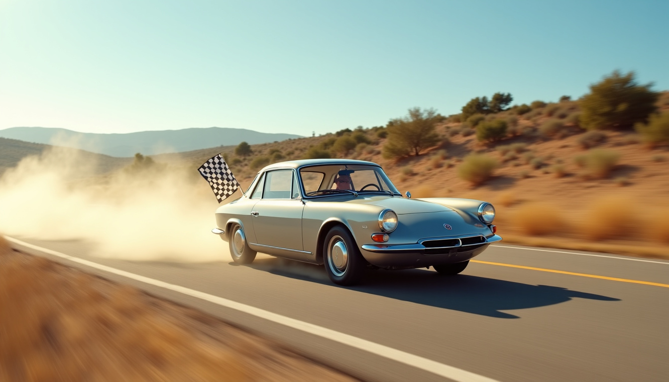 Simca Ariane Miramas en test sur une piste d’essai, avec le drapeau à damier visible sur l’aile