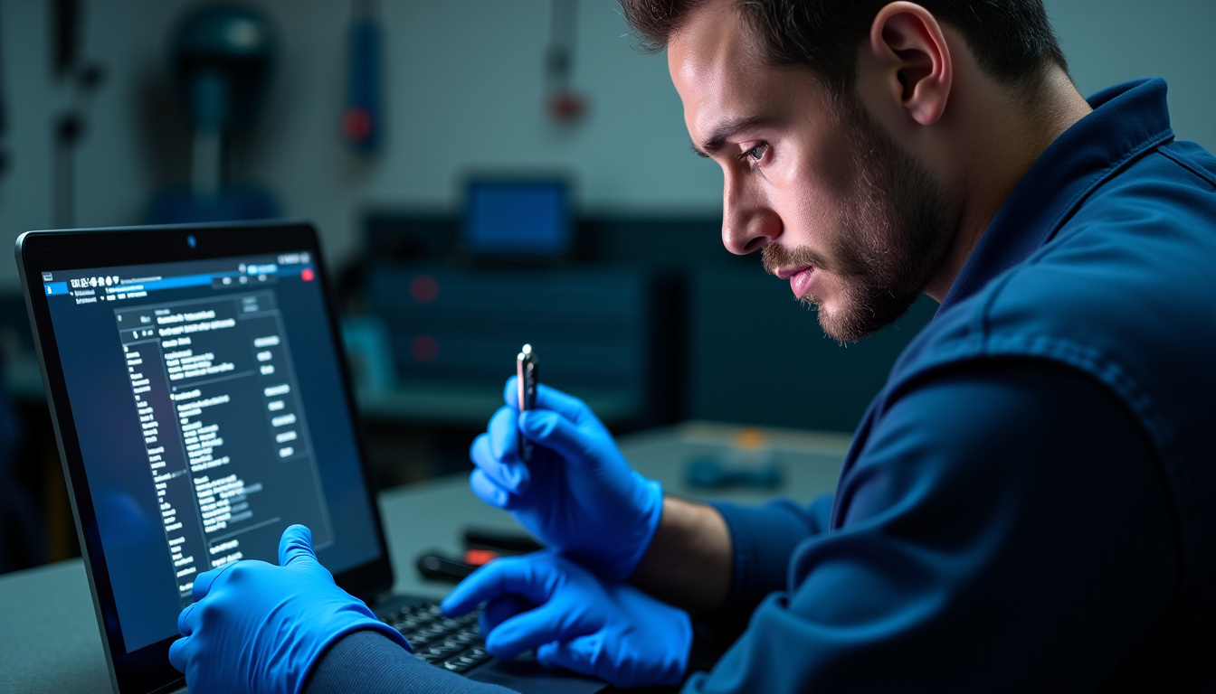 Technicien en train de programmer une clé de voiture sur un ordinateur de diagnostic