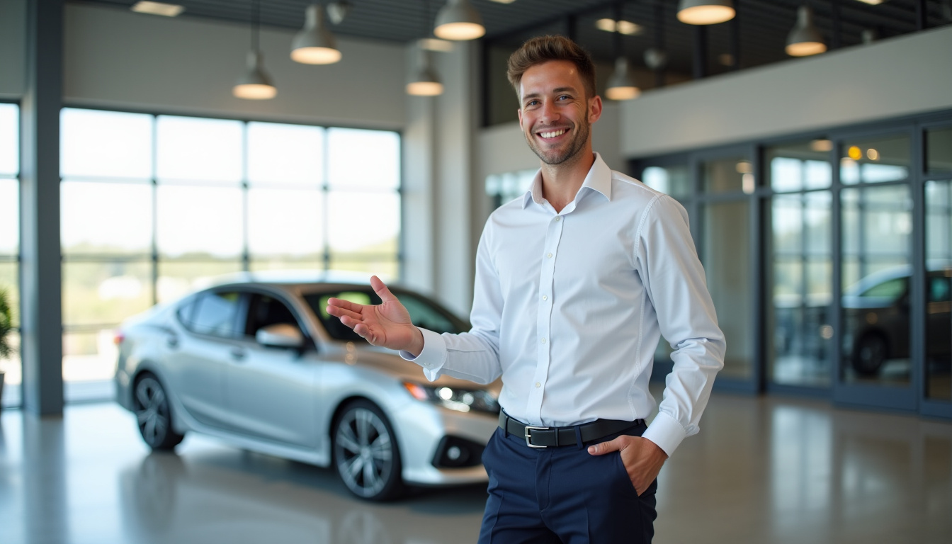 Vendeur présentant une voiture d