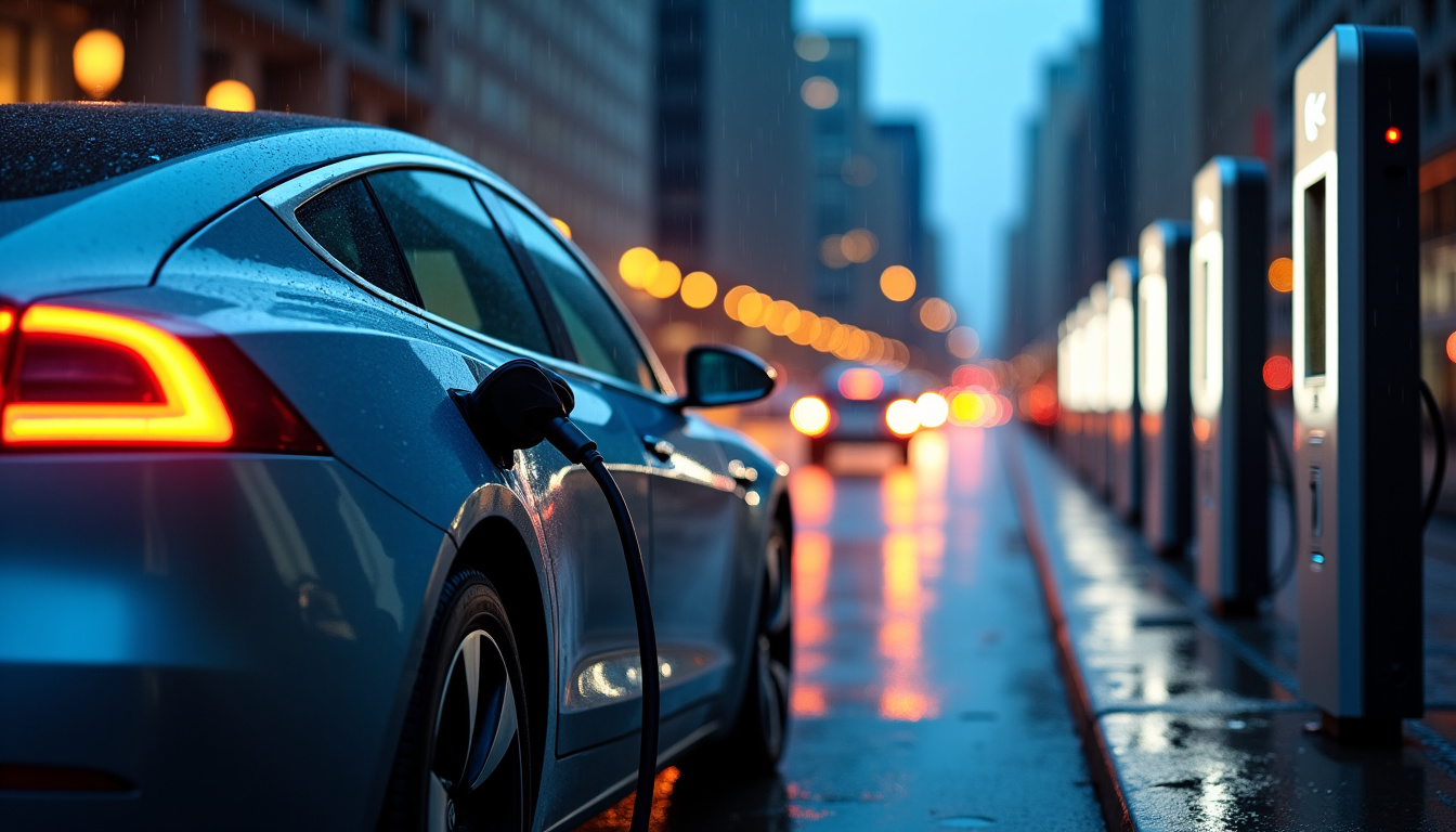 Voiture électrique en cours de recharge sur une borne publique en milieu urbain