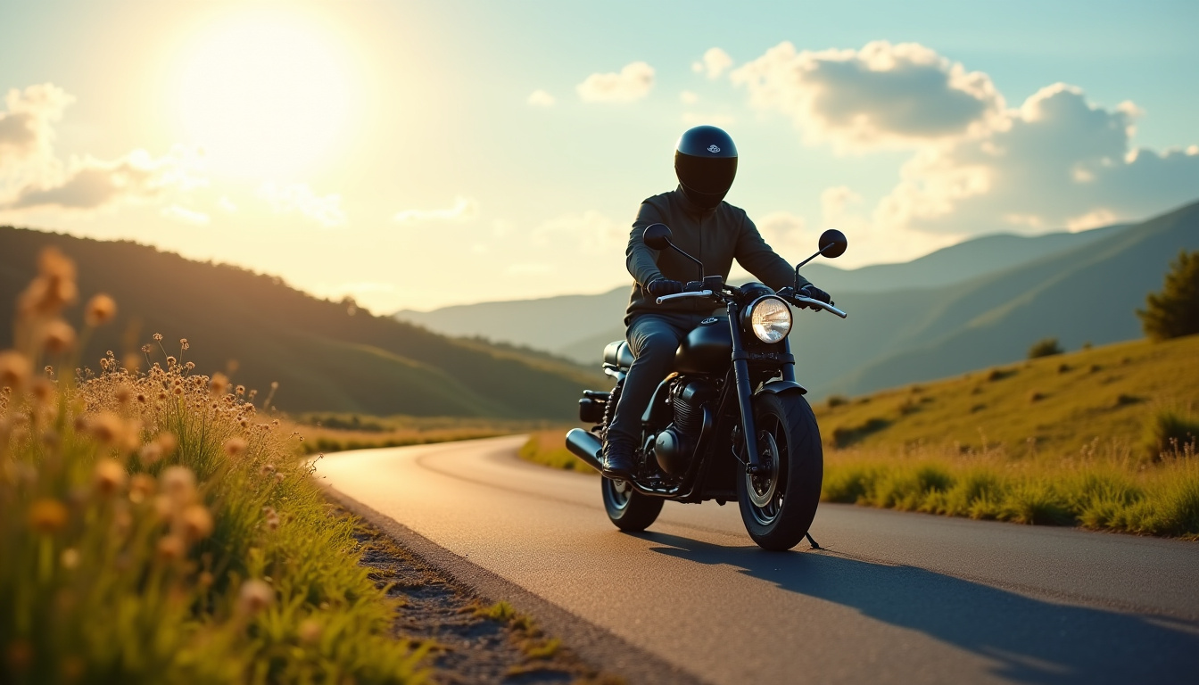 Vue de profil de la Mash Motorrad 125 sur une route de campagne