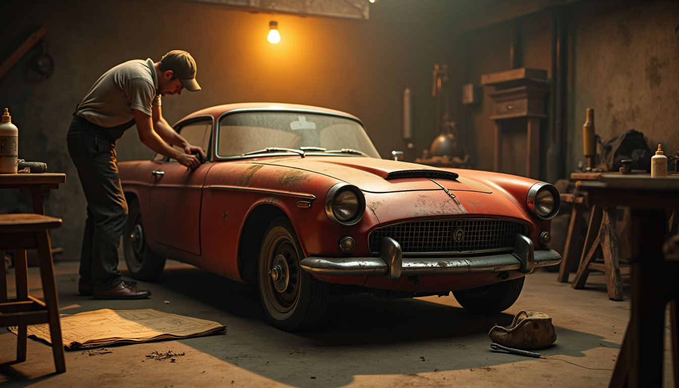 Collectionneur en train de restaurer une voiture ancienne des années 60 dans un garage