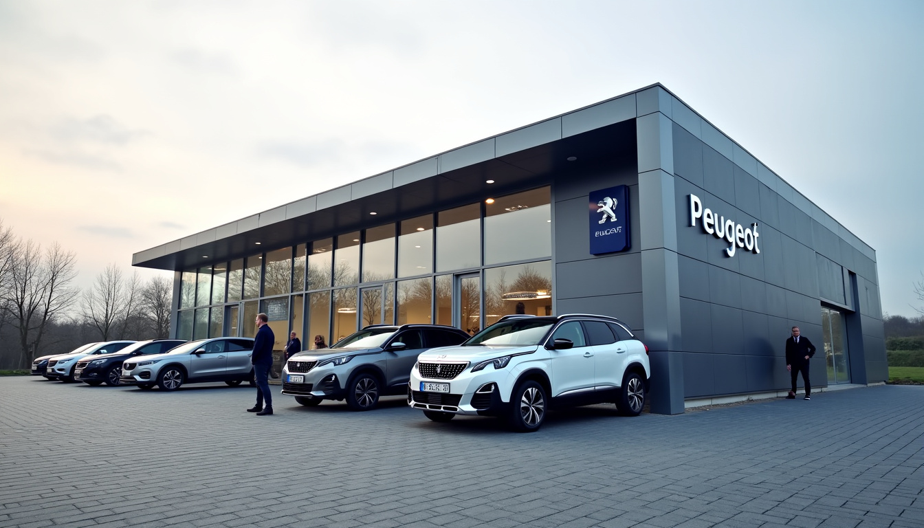 Concessionnaire Peugeot SACA à Arras, vue extérieure du bâtiment avec véhicules exposés