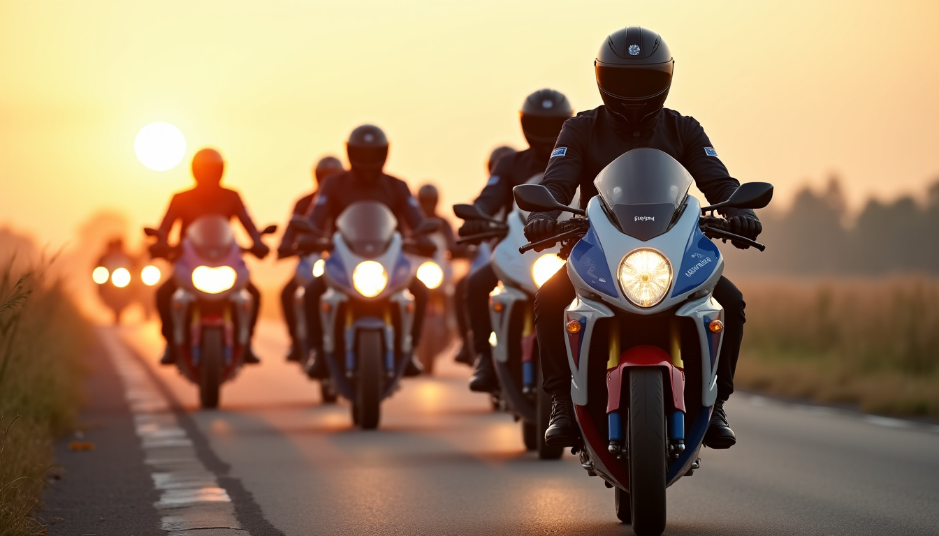 Différentes unités motorisées de la gendarmerie en formation, avec des motos aux couleurs nationales