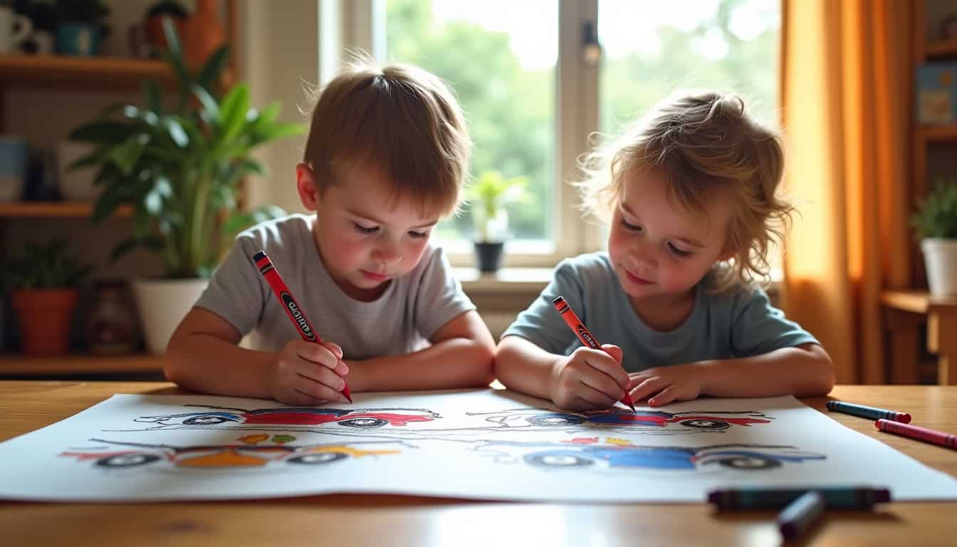 Enfants dessinant des voitures de course sur une feuille avec des crayons de couleur