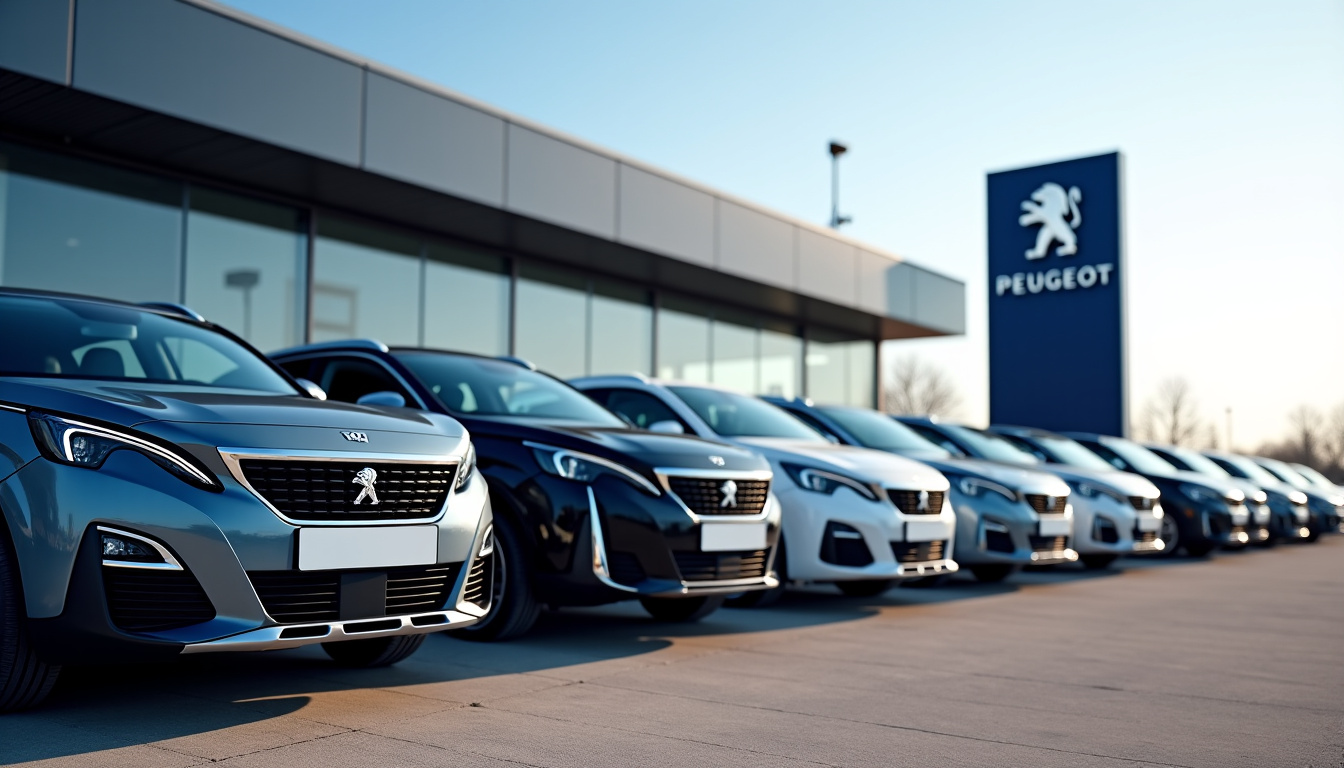 Exposition de voitures Peugeot neuves devant le concessionnaire à Arras