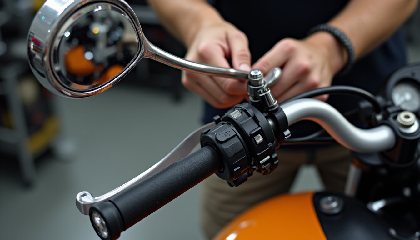 Installation d’un rétroviseur moto avec outils et réglage du miroir