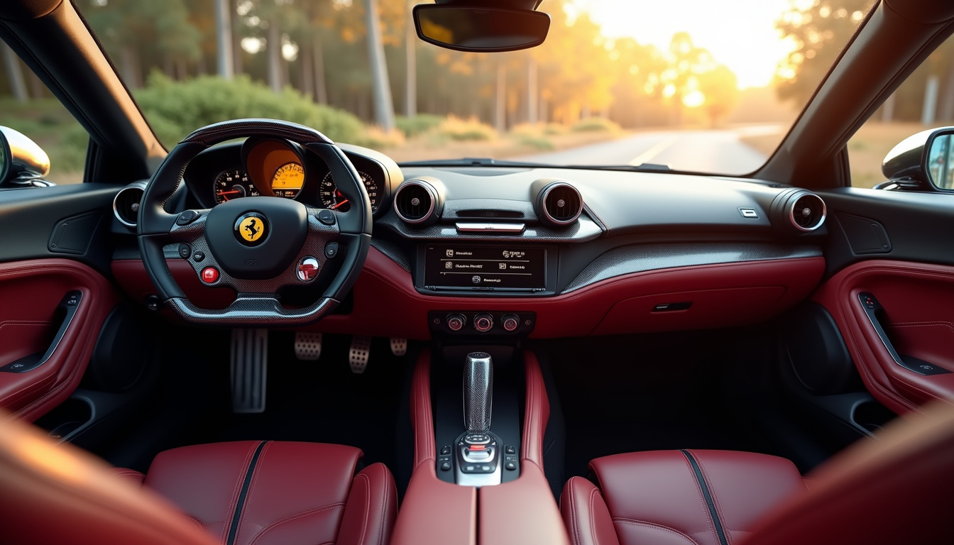 Intérieur luxueux de la Ferrari Purosangue avec écrans numériques et matériaux nobles