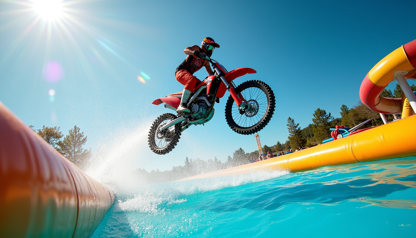 Joueur sur moto trial en train de franchir un toboggan dans un parc aquatique