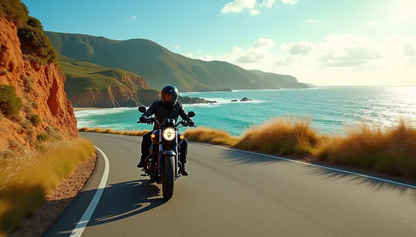 Motard sur une route côtière avec vue sur l