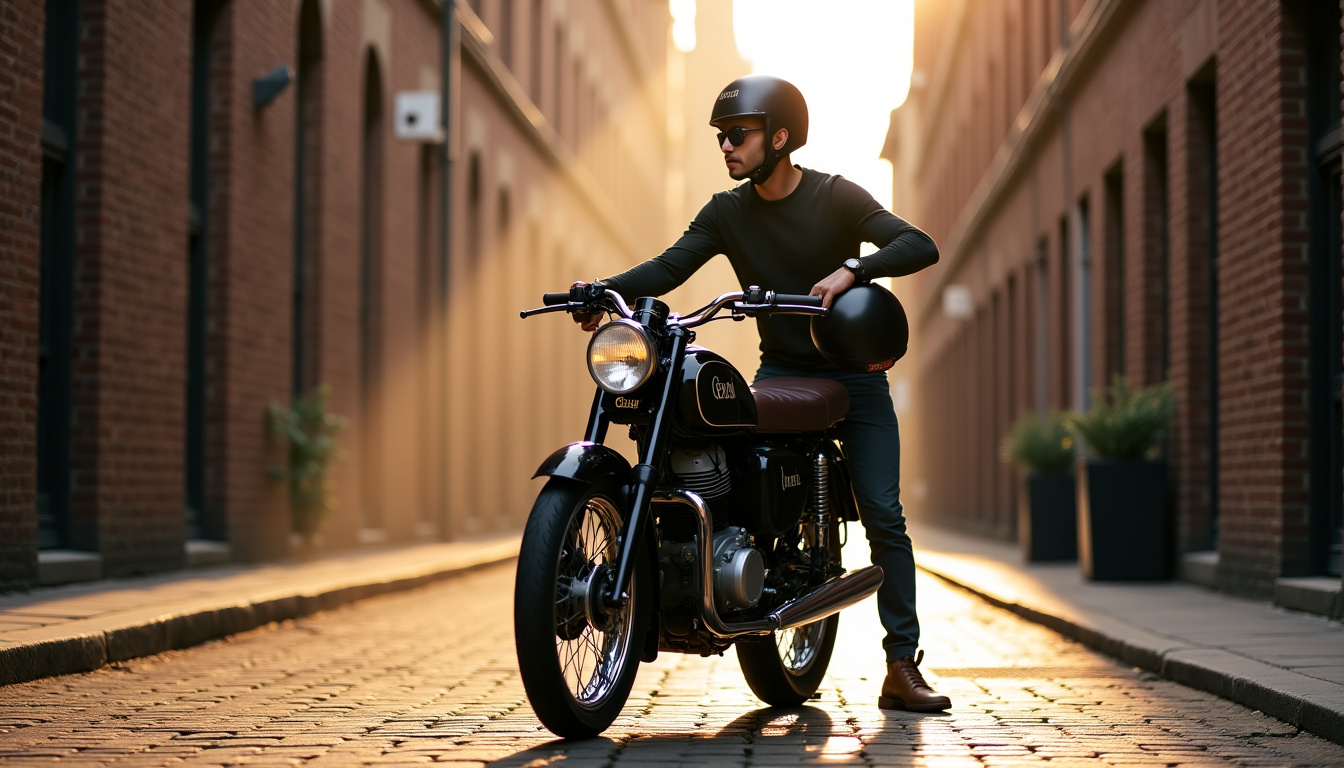 Moto Brixton Cromwell 125 en situation urbaine sur une rue pavée