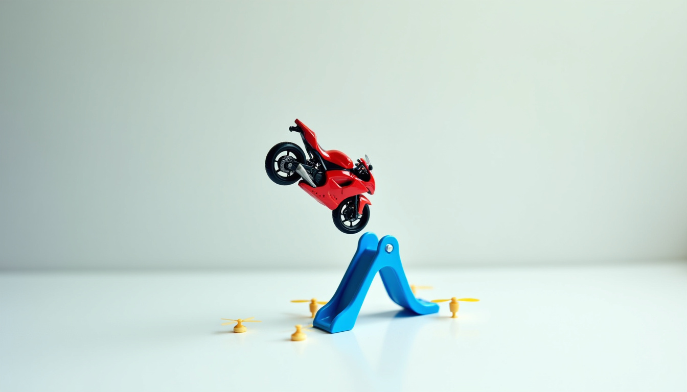 Moto en l’air au-dessus d’un toboggan avec des lames rotatives en contrebas