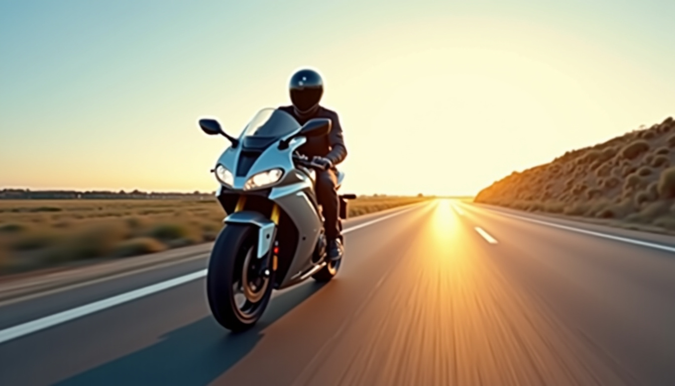 Moto en ligne droite sur route à vitesse modérée, illustrant la stabilité apportée par l