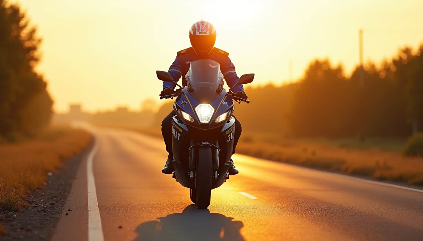 Un motocycliste de la gendarmerie en patrouille sur une route nationale, vêtu de son uniforme bleu et casqué