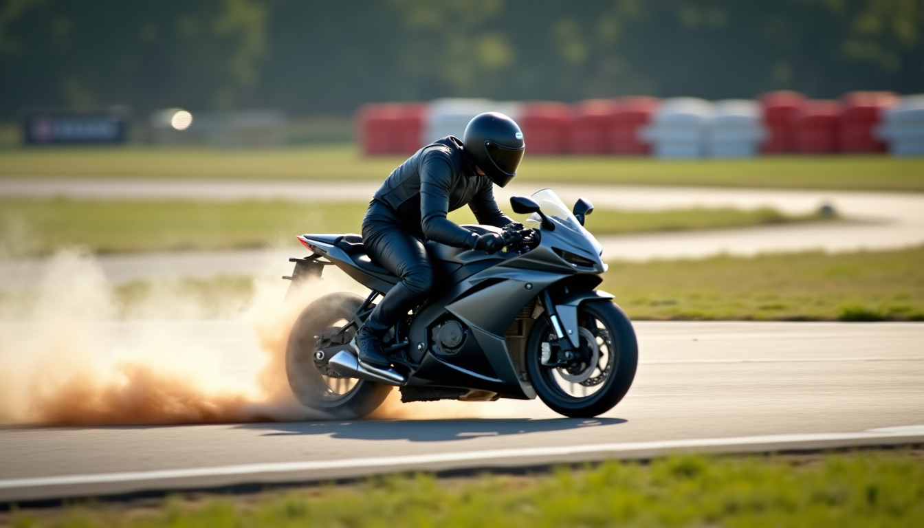 Moto télécommandée en action sur une piste extérieure avec virages et obstacles
