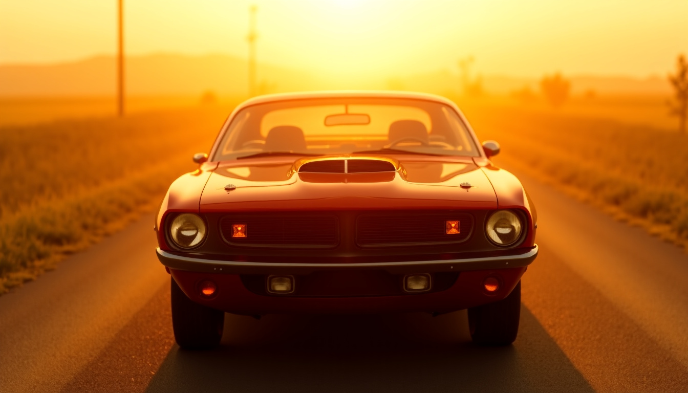 Plymouth Barracuda rouge des années 1970, voiture emblématique de la marque américaine, vue de face sur une route secondaire