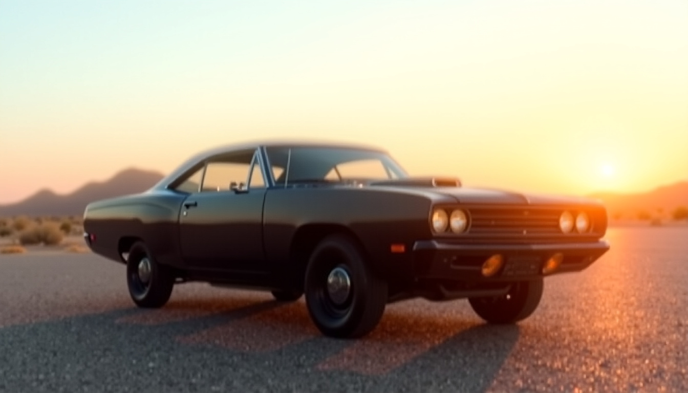 Plymouth Road Runner noire de 1969, muscle car américaine classique, garée dans un parking en extérieur