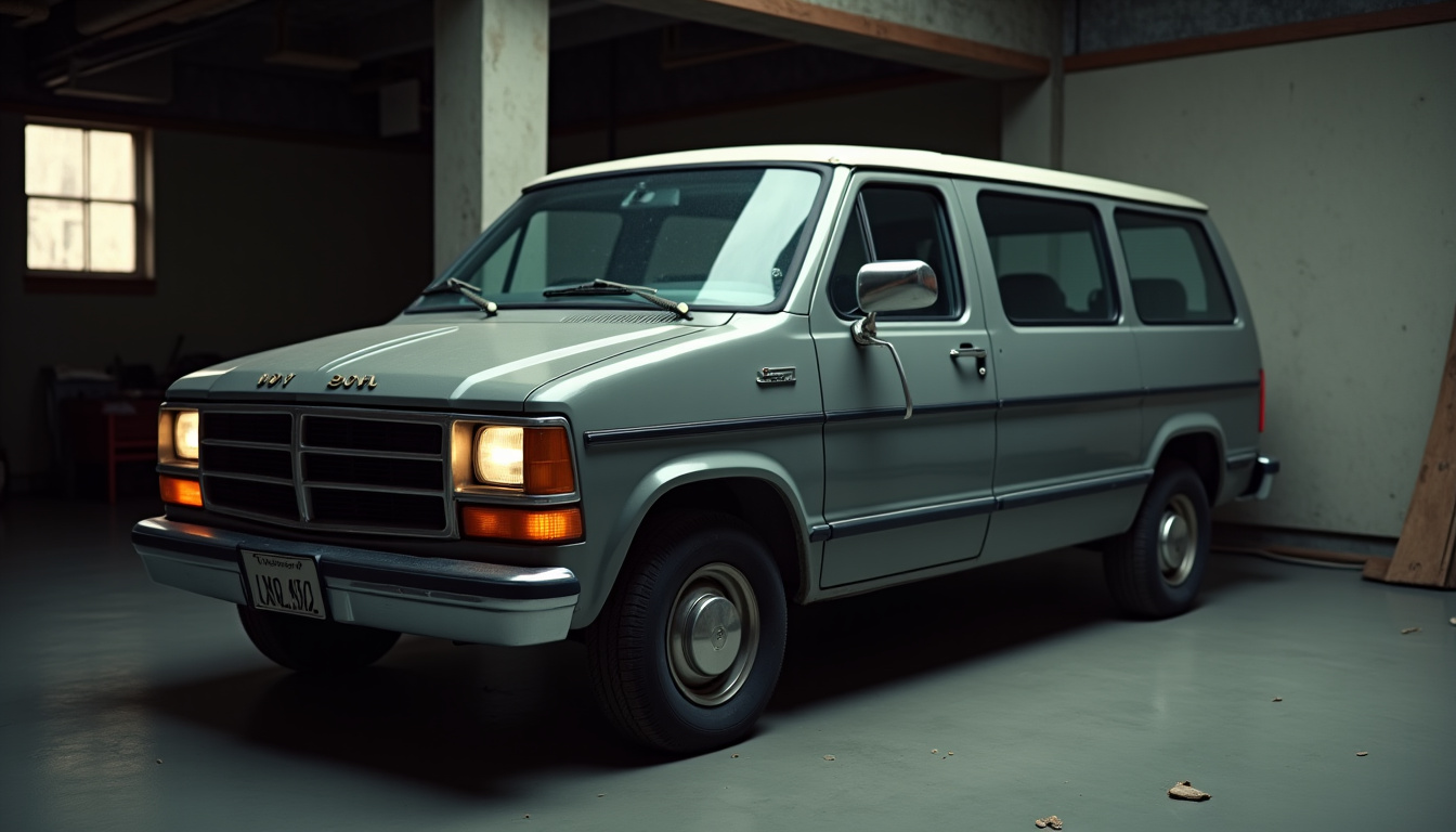 Plymouth Voyager gris des années 1985, premier monospace de série, stationné dans un garage privé