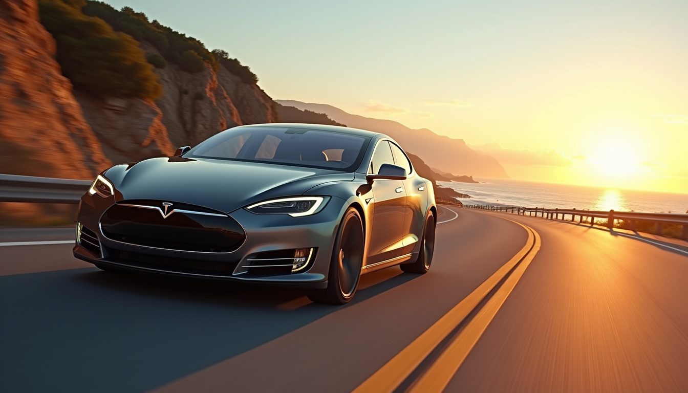 Tesla Model S Plaid en mouvement sur route sinueuse