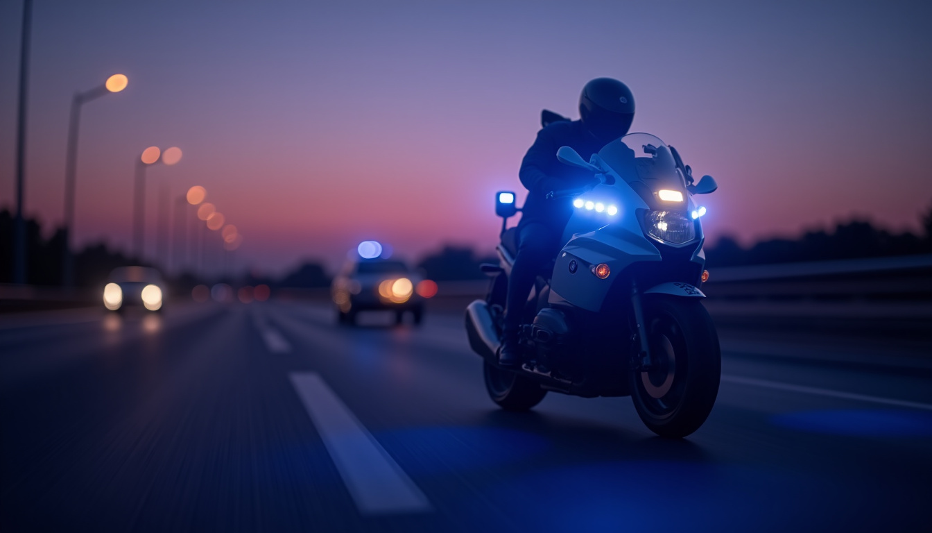 Une moto BMW R 1300 RT-P de la gendarmerie en service sur une autoroute, avec gyrophare allumé