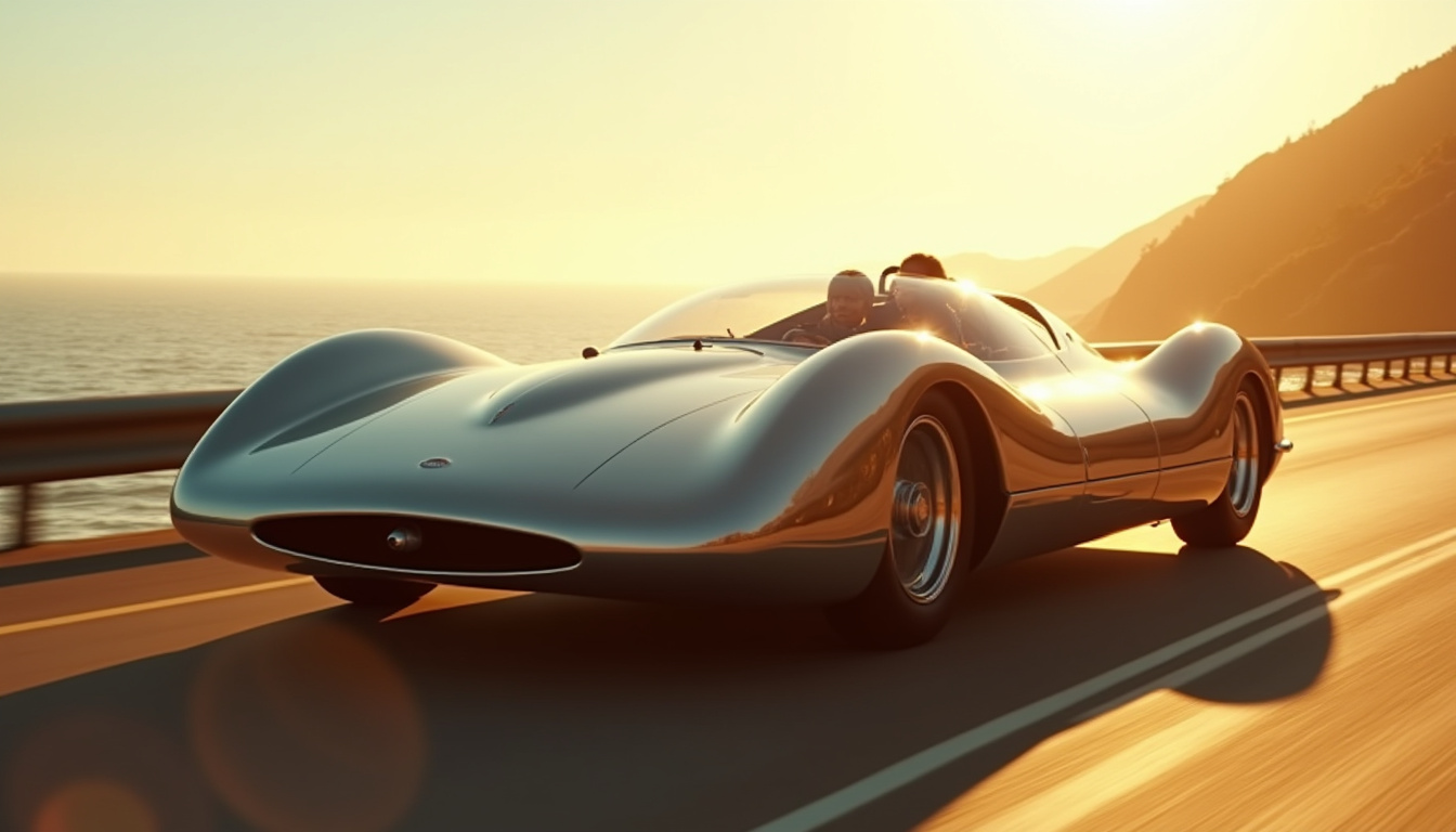 Voiture des années 60 avec design futuriste et suspension hydraulique en action