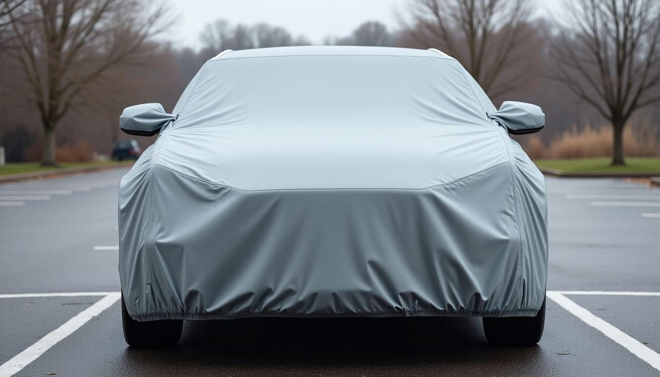 Voiture entièrement recouverte par une bâche anti-grêle en extérieur, vue prise par temps couvert