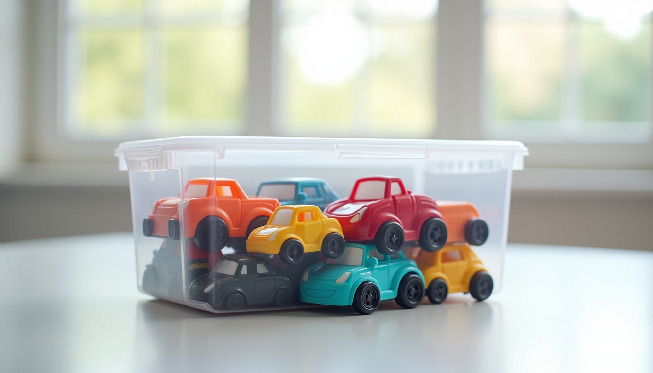 Boîte en plastique transparente remplie de voitures jouets Cars soigneusement rangées par couleur et taille