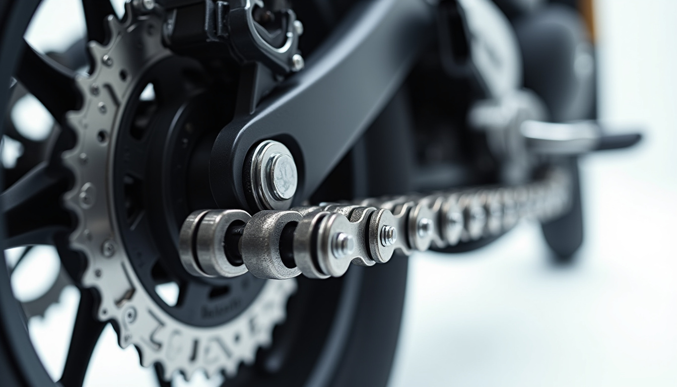 Chaîne de moto propre et bien graissée, sans trace de saleté ni usure visible