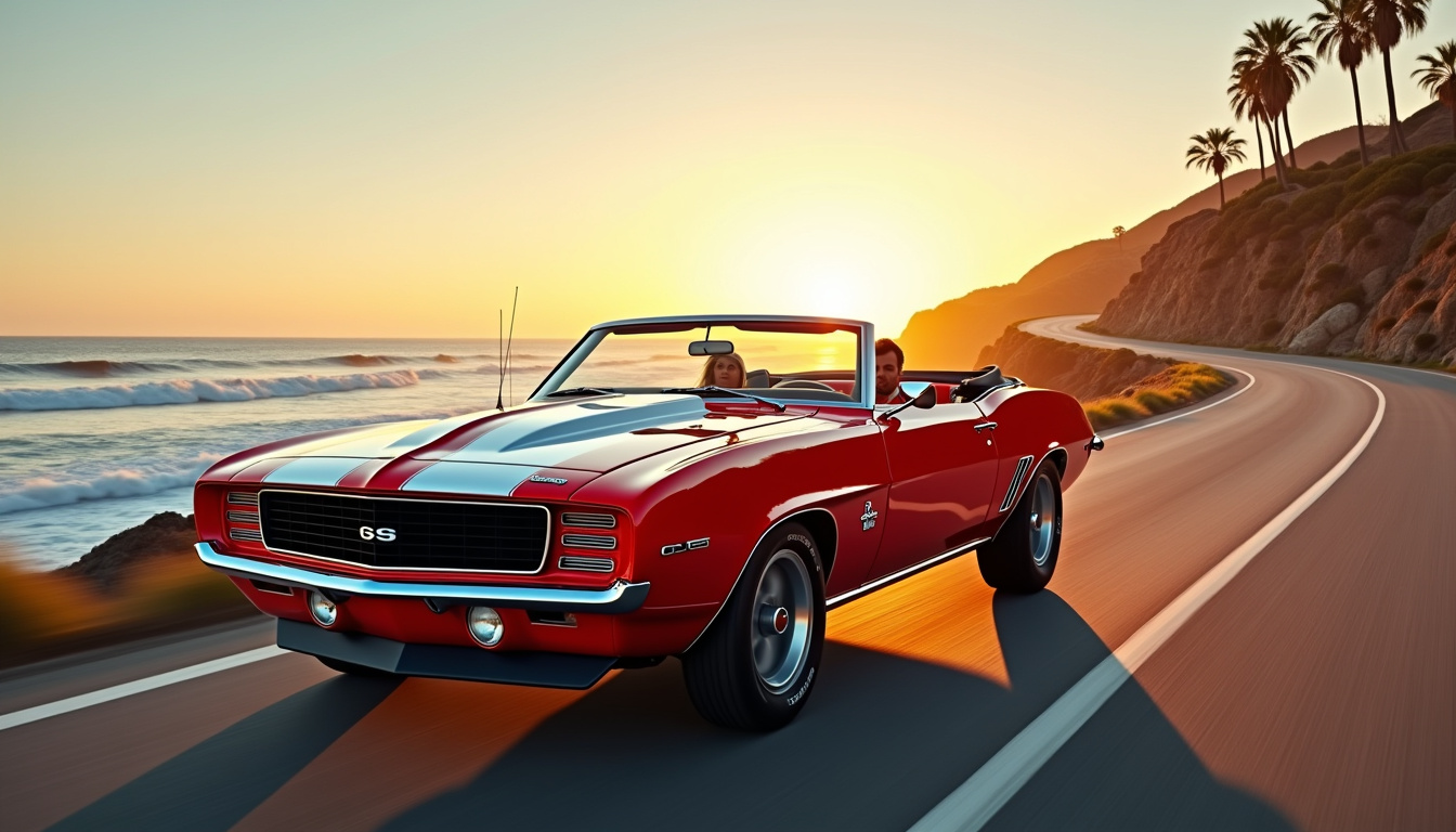 Chevrolet Camaro cabriolet de 1969 en parfait état sur route côtière