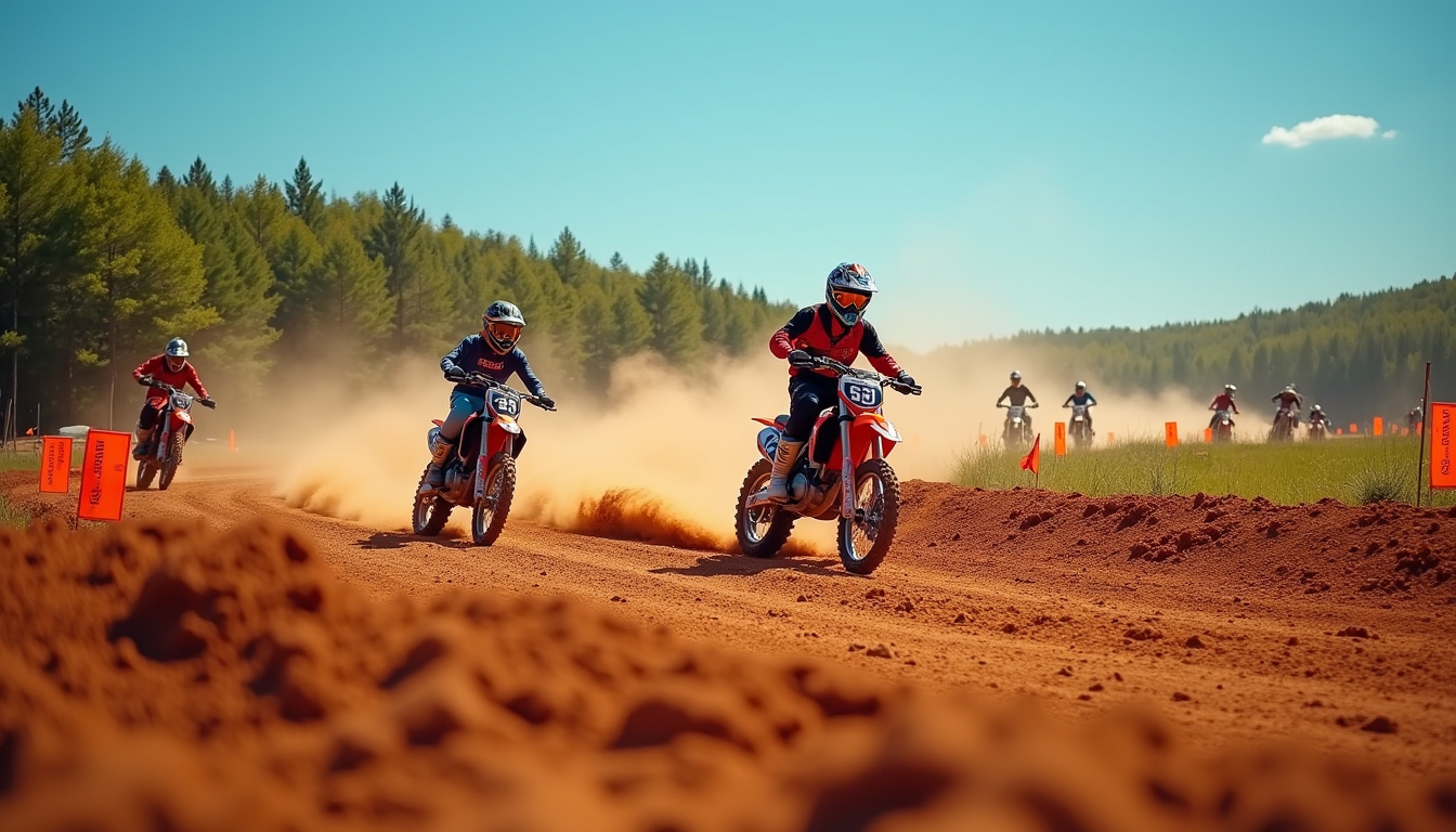 Circuit de motocross 125cc avec plusieurs motos en entraînement, entouré de terre et de drapeaux