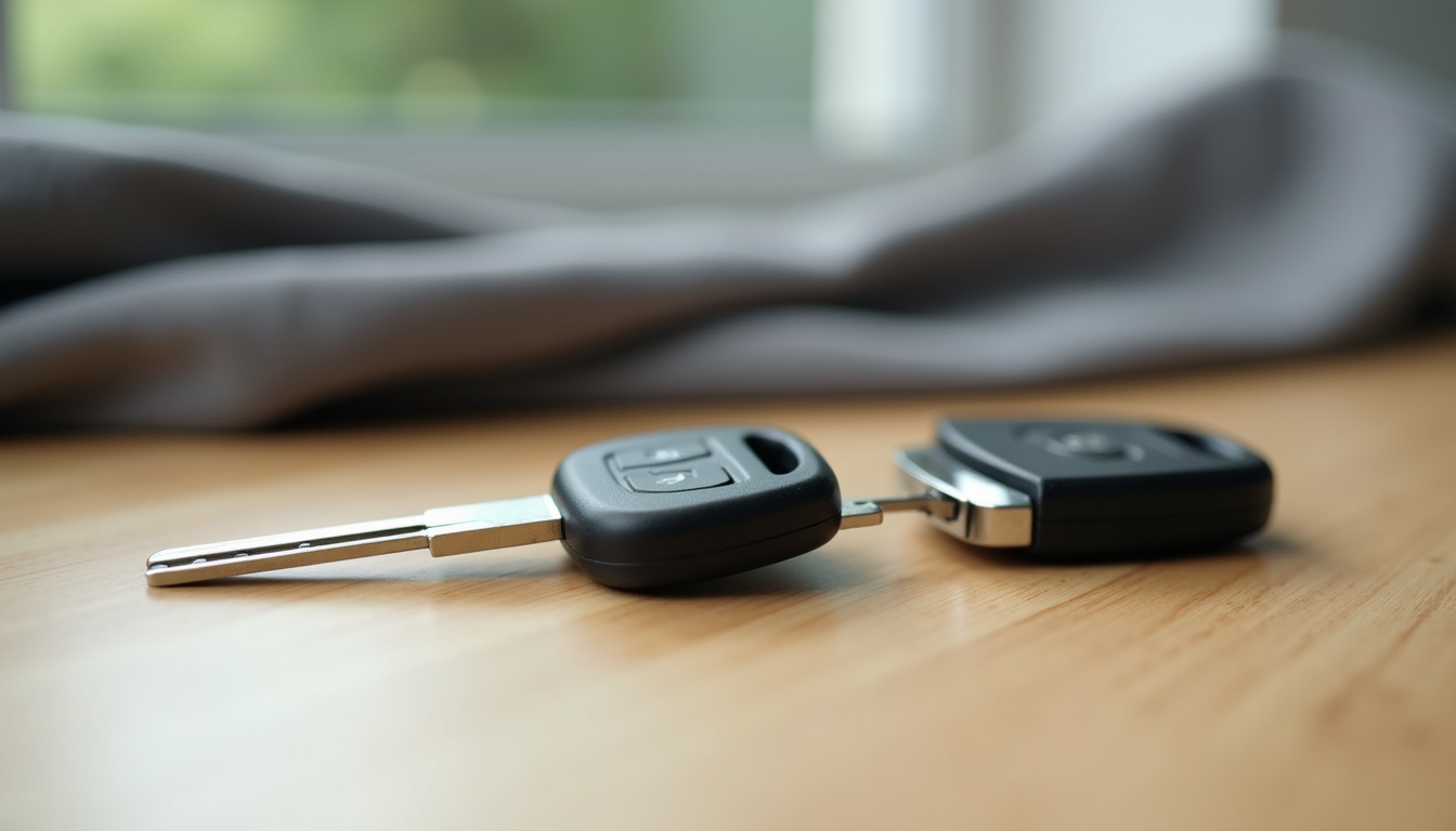 Clé de voiture cassée en deux parties posée sur une table