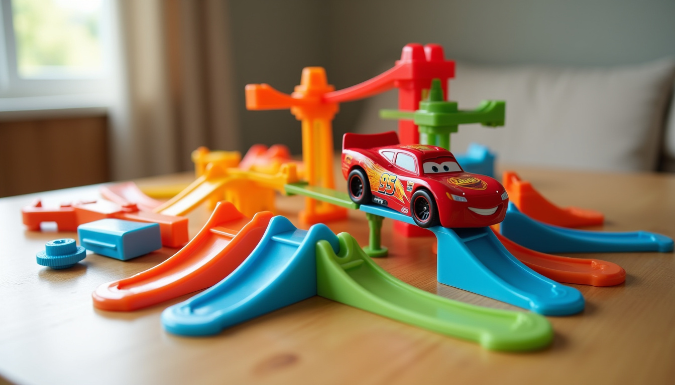 Coffret jouet Cars Piste de Saut GRC ouvert sur une table montrant les pièces et la voiture incluse