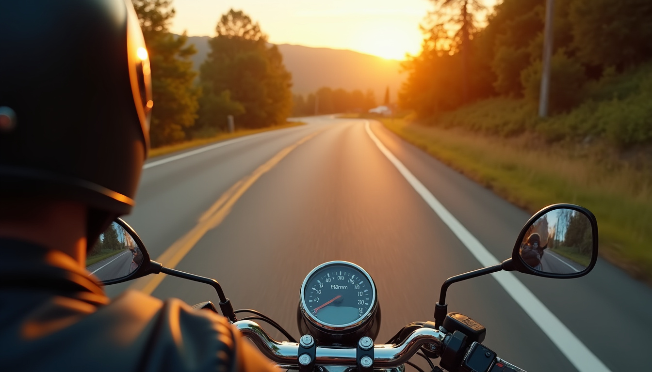 Compteur moto installé sur une moto en pleine conduite sur route secondaire