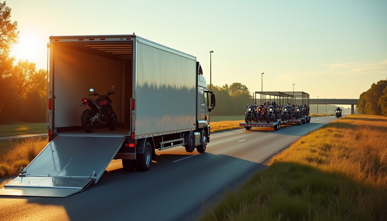 Différents types de transporteurs moto: camion spécialisé, remorque ouvre-porte et transport en groupe